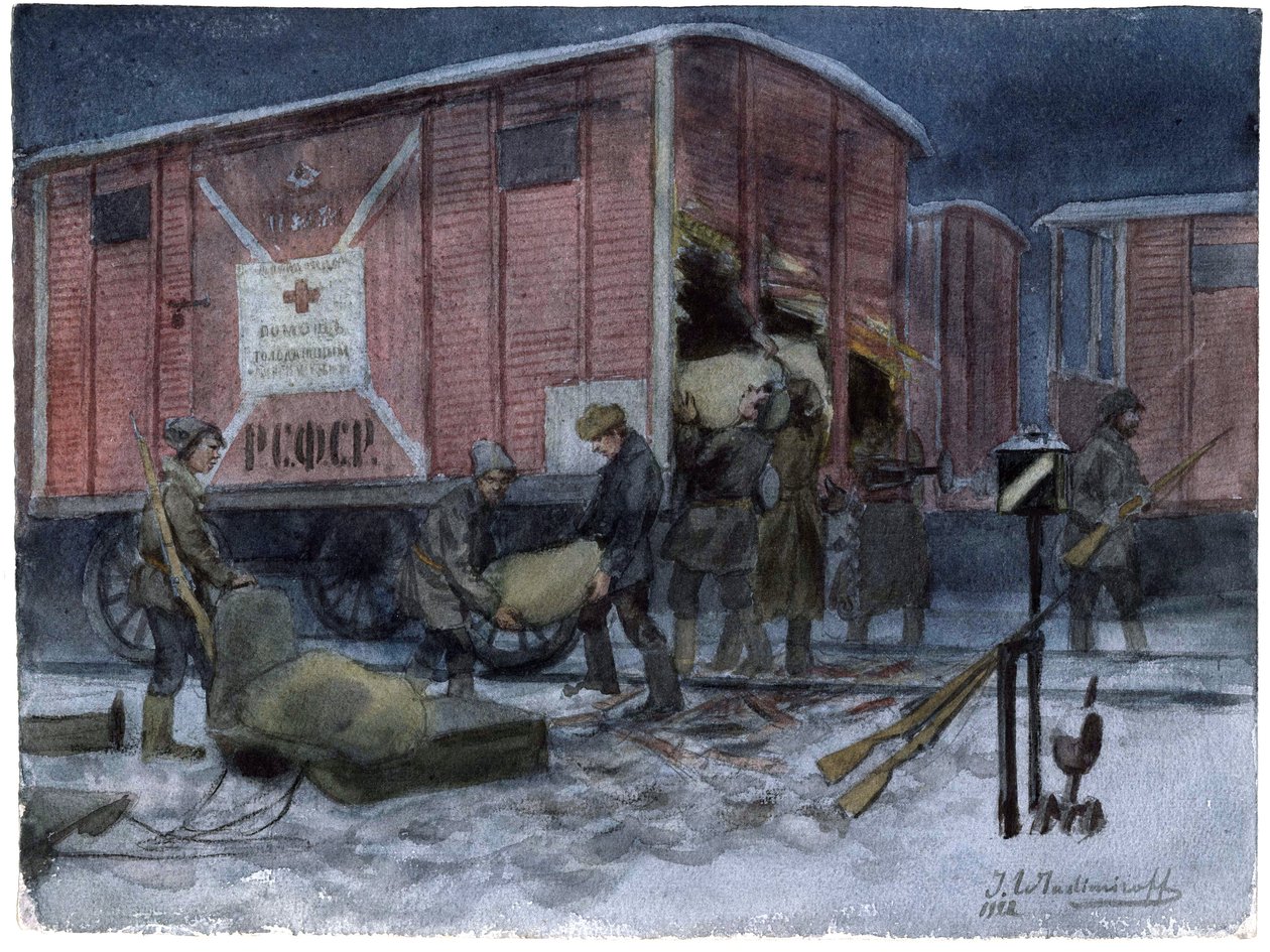 Soldats pillant un wagon de chemin de fer - Vojáci drancující železniční vagón (ze série akvarelů Ruská revoluce) - Vladimirov, Ivan Alexejevič (1869-1947) - 1922 - Akvarel na papíře - 25,8x34,1 - Soukromá sbírka od Ivan Alexeyevich Vladimirov