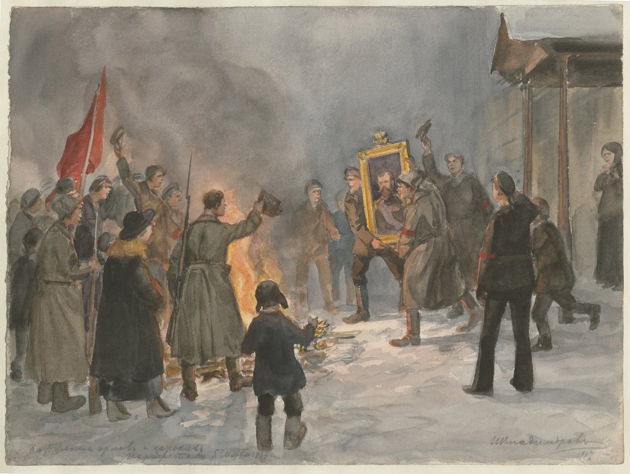 Vojáci pálí obrazy ze série akvarelů Ruská revoluce, 1917 od Ivan Alexeyevich Vladimirov