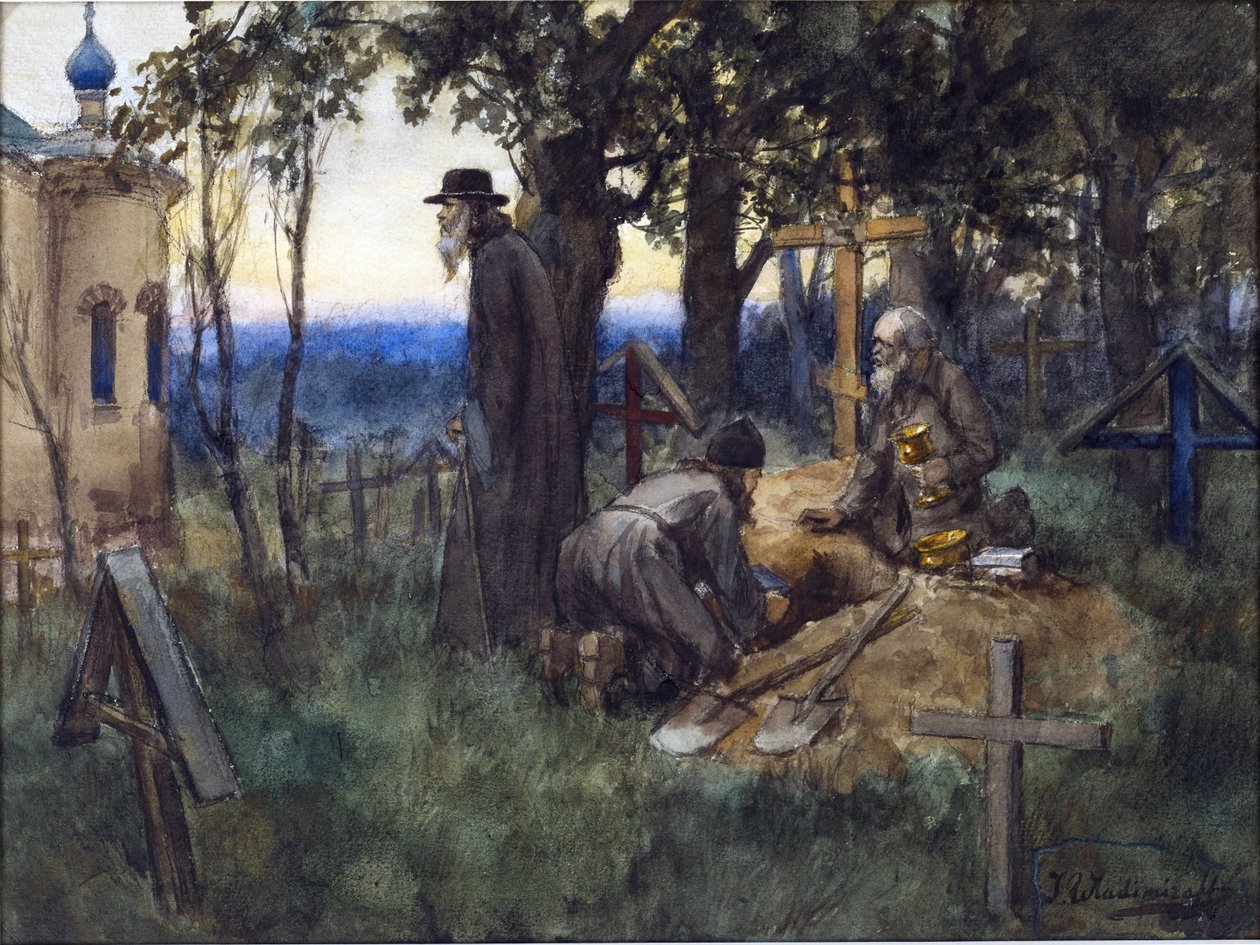 Duchovní ukrývající církevní poklady v novém hrobě na hřbitově od Vladimirova Ivan Alexejevič (1869-1947). Akvarel, kvaš na papíře od Ivan Alexeyevich Vladimirov