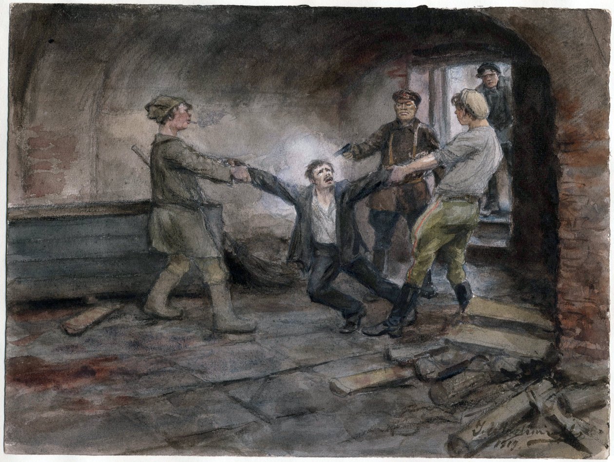 Un detenu emmene pour etre execute - Muž zadržen a popraven (ze série akvarelů Ruská revoluce) - Vladimirov, Ivan Alexejevič (1869-1947) - 1919 - Akvarel na papíře - 25,7x34,5 - Soukromá sbírka od Ivan Alexeyevich Vladimirov