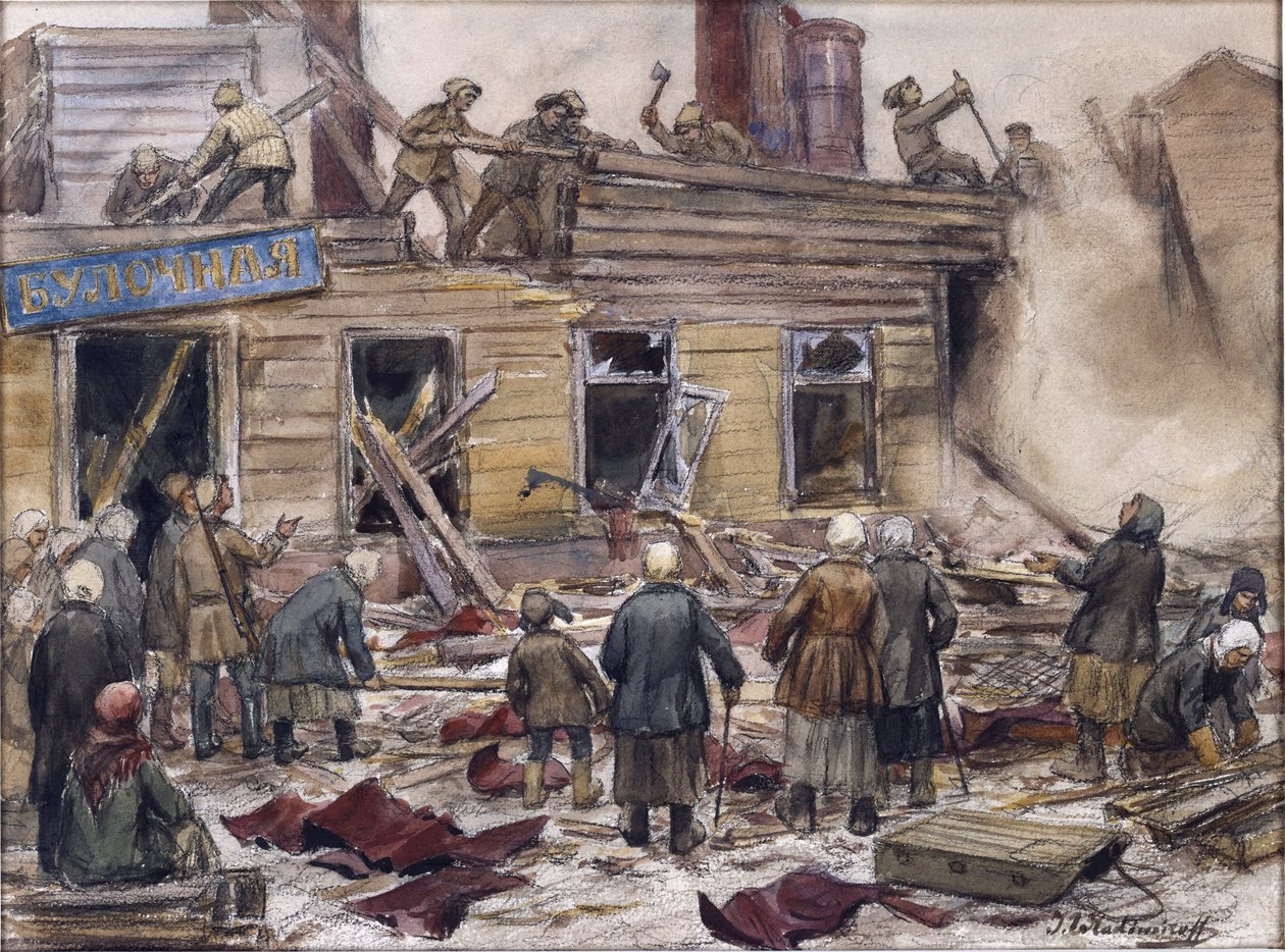 Dělníci bourající dřevěné domy na palivo Vladimirov, Ivan Alexejevič (1869-1947). Akvarel, kvaš na papíře od Ivan Alexeyevich Vladimirov