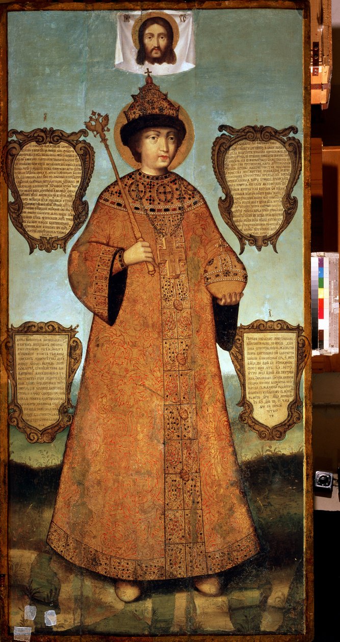 Celovečerní portrét cara Fjodora Alexejeviče (1661-1682) (Portrét cara Fjodora Alexejeviče). Obraz Ivana Artemjeva Bezmina (?-kolem 1690). Tempera na dřevě, 244 x 119 cm, cca 1680, ruské umění 17. století. Státní muzeum historie, Moskva. ©FineArt od Ivan Bezmin