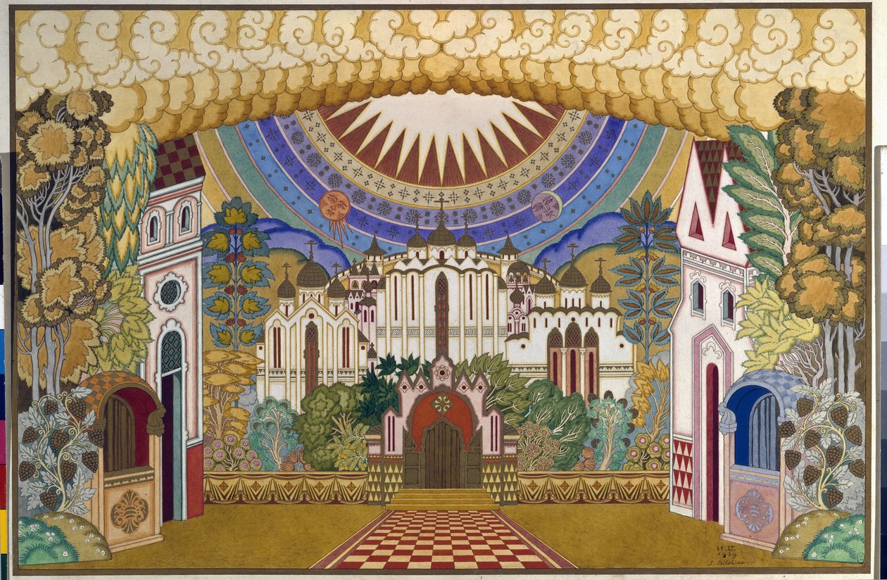 Scény k opeře "Legenda o neviditelném městě Kitege a panně Fevronii"" (Legenda o neviditelném městě Kitege a panně Fevronii), Nicholas (Nikolai) Rimsky Korsakov (Rimsky-Korsakov) (1844- 1908). Umělecké dílo od Ivana Jakovleho od Ivan Yakovlevich Bilibin