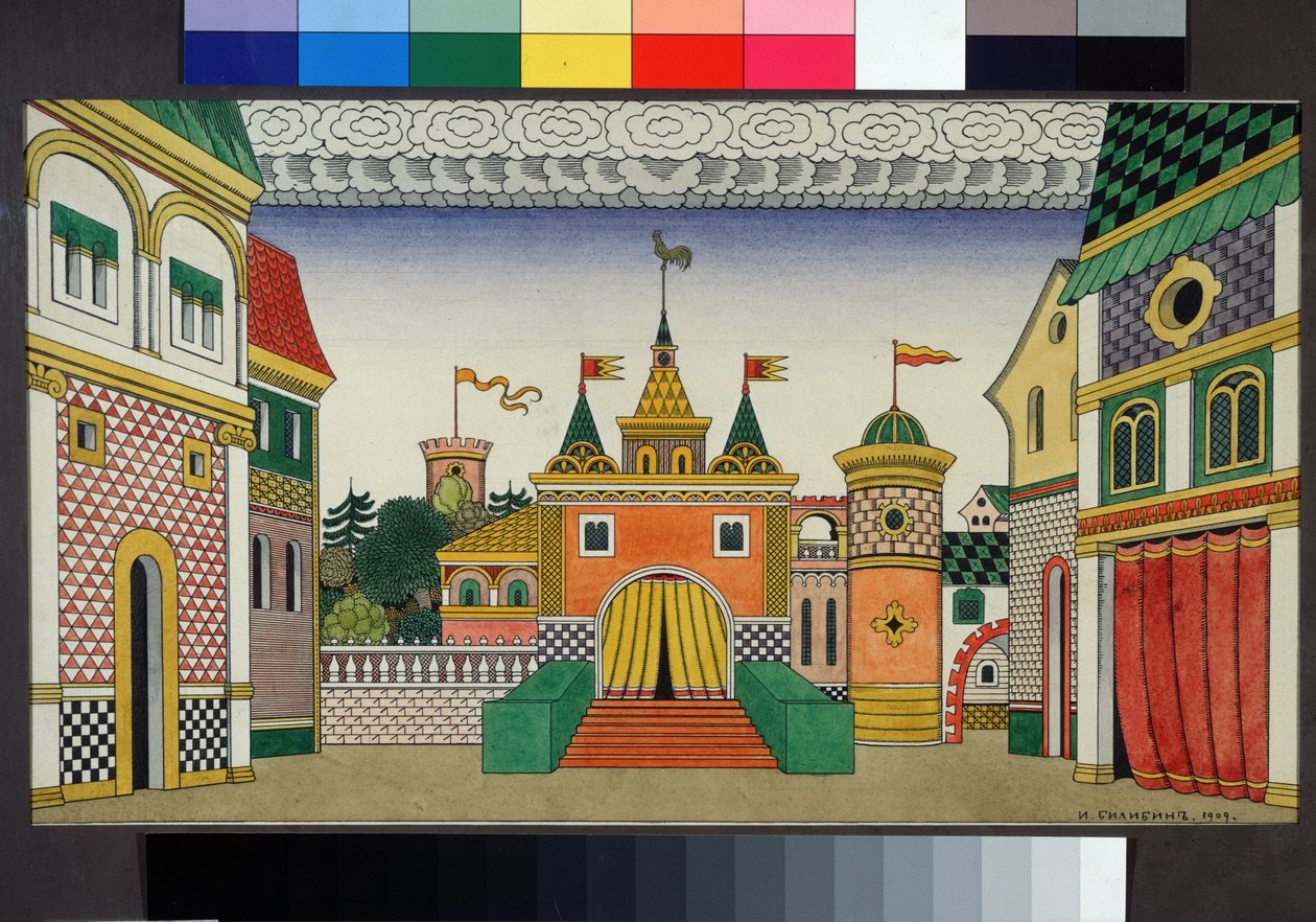 Přípravná kresba pro výpravu opery Zlatý kohoutek Nicholase (Nikolaje) Rimského Korsakova (Rimskij-Korsakov) (1844-1908) Obraz Ivana Jakoleviče Bilibina (Bilibi) od Ivan Yakovlevich Bilibin