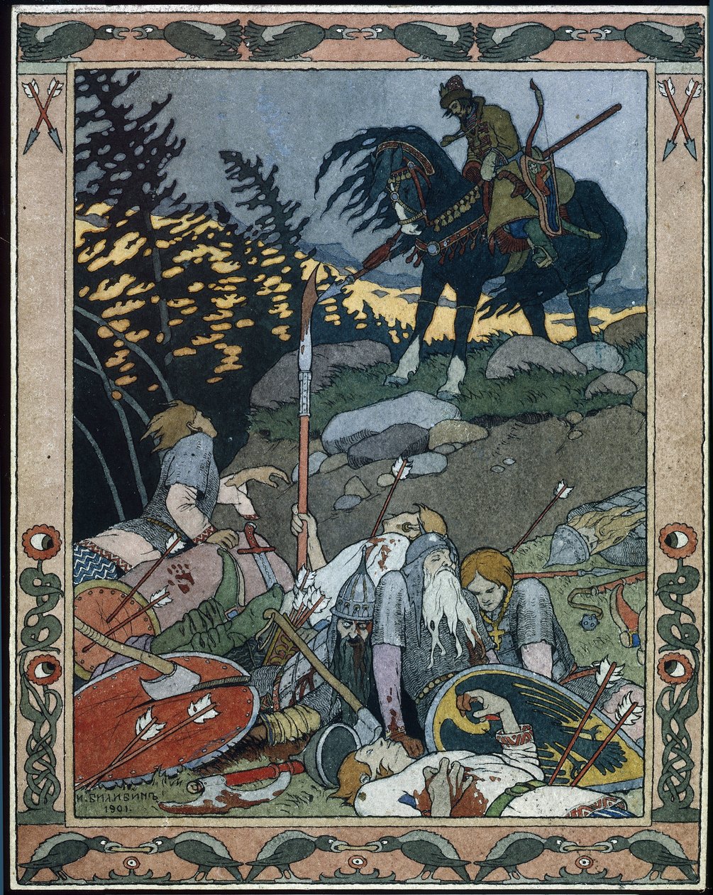 Ilustrace k pohádce Maria des mers (Ilustrace k pohádce Marya Morevna). Princ Ivan objeví armádu poraženou Marií Morevnou, královnou válečnic. Dílo Ivana Jakovleviče Bilibina (Bilibin) (1876-1942), akvarel a inkoust na papíře od Ivan Yakovlevich Bilibin