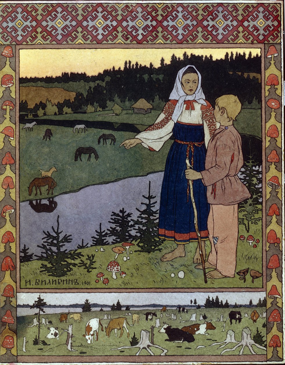 Ilustrace k tradiční pohádce Alyonouchka a Ivanouchka. Dílo Ivana Jakovleviče Bilibina (Bilibin) (1876-1942), litografie od Ivan Yakovlevich Bilibin
