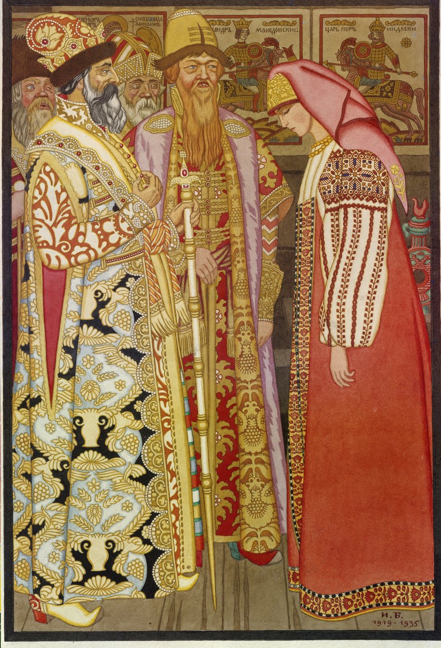 Lučištníkova žena před carem a jeho družinou, ilustrace ruské pohádky „Jděte, nevím kam, hlásíte nevím co““ (Lučištníkova žena před carem a jeho družinou) - obraz Ivana Jakoleviče Bilibina (Bilibin) (1876-1942) od Ivan Yakovlevich Bilibin