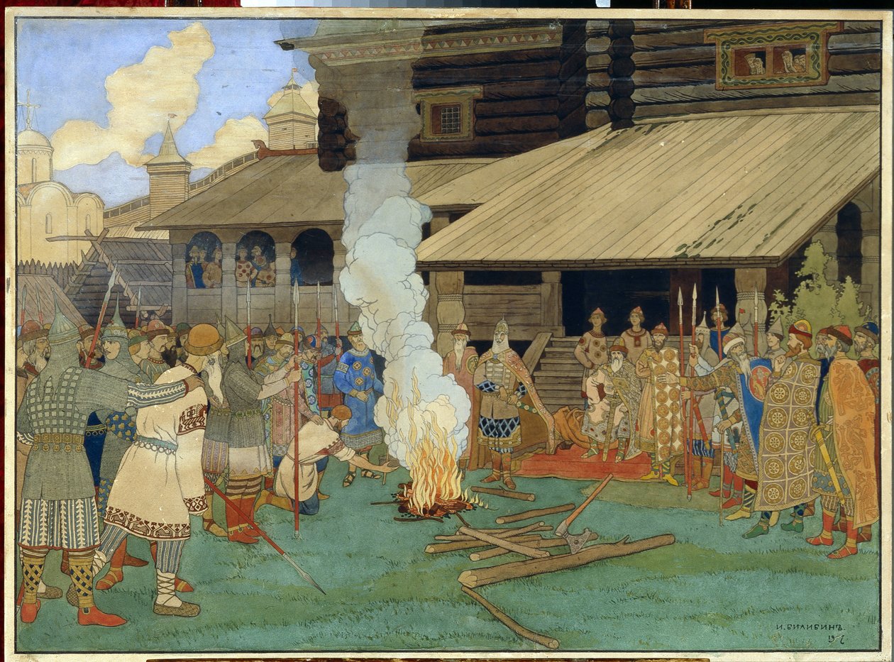 Správa spravedlnosti v Kyjevské Rusi. Na veřejném náměstí, v době knížete Jaroslava Vladimiroviče, známého jako Moudrý (978-1054), scéna utrpení, Božího soudu, obviněný klečí. od Ivan Yakovlevich Bilibin