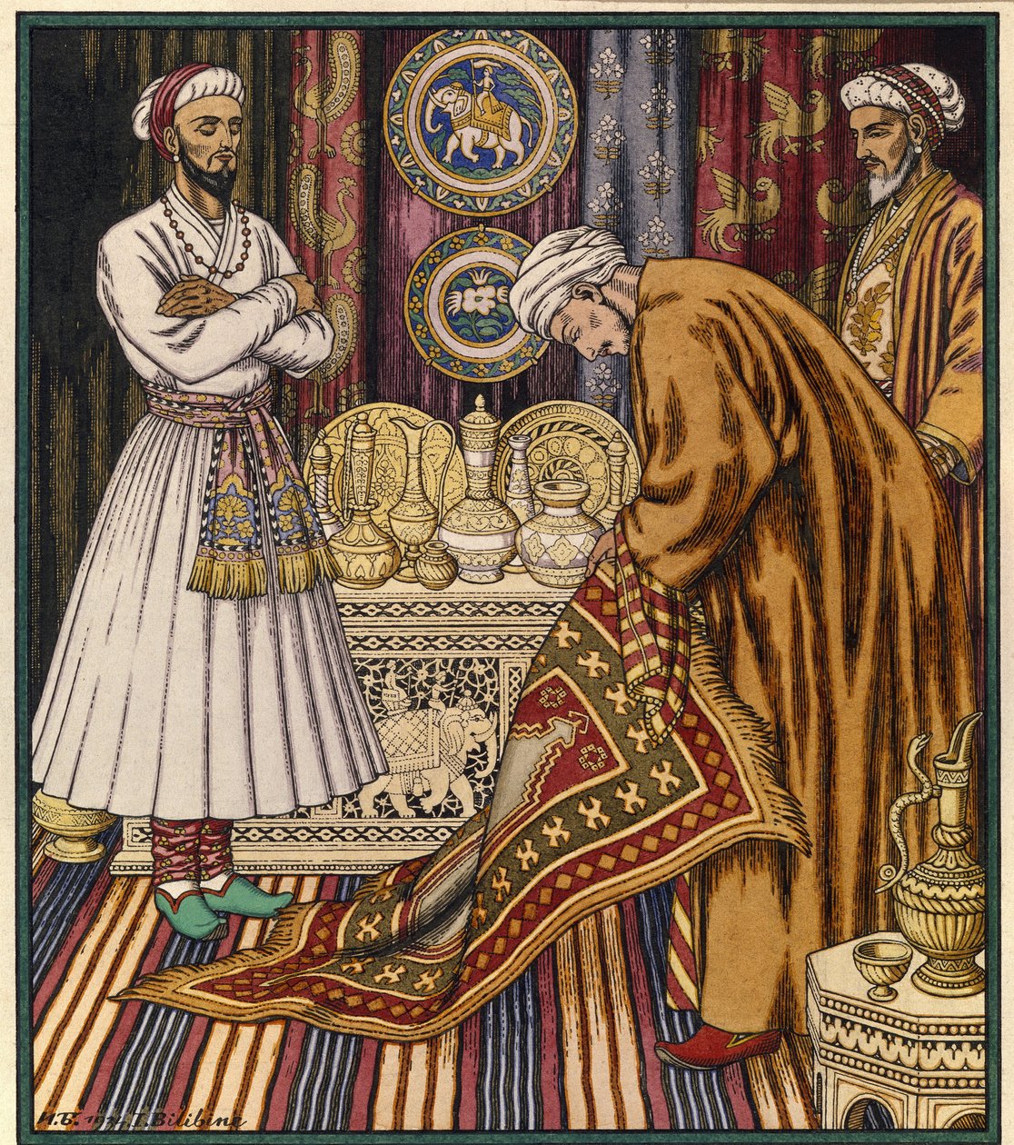Princ Ali kupuje kouzelný koberec. Ilustrace k arabskému příběhu. (Princ Ali kupuje koberec). Obraz Ivana Jakoleviče Bilibina (Bilibin) (1876-1942). Akvarel na papíře. Petrohrad, Státní ruské muzeum. od Ivan Yakovlevich Bilibin