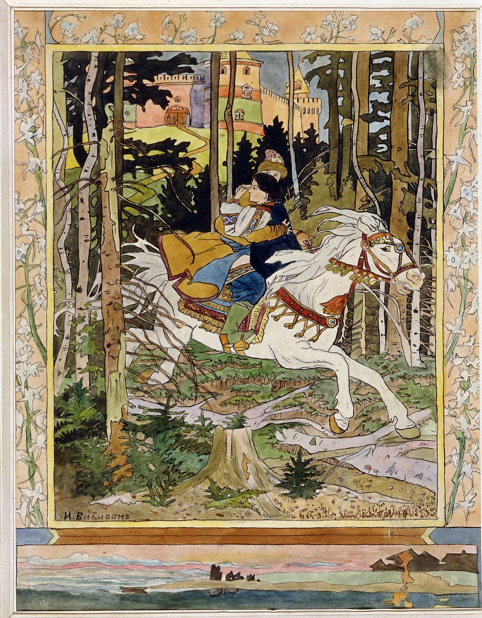 princ Ivan. (Ivan Carevič). Hrdinové ruských folklórních legend, jedoucí na bílém koni v lese, prchající z hradu a objímající Vassilissa La Tres Belle v náručí. Ilustrace Ivan Jakovlevič Bilibin (Bilibin) (1876-1942), akvarel od Ivan Yakovlevich Bilibin