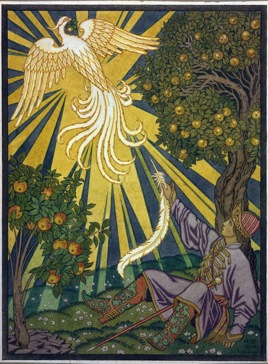Princ chytne pírko z ohnivého ptáka. Ilustrace k pohádce "Ivan Carevič, ohnivý pták a šedý vlk"". Dílo Ivana Jakovleviče Bilibina (Bilibin) (1876-1942), akvarel a kvaš na papíře. Ruské umění, 20. století, symbolismus. od Ivan Yakovlevich Bilibin