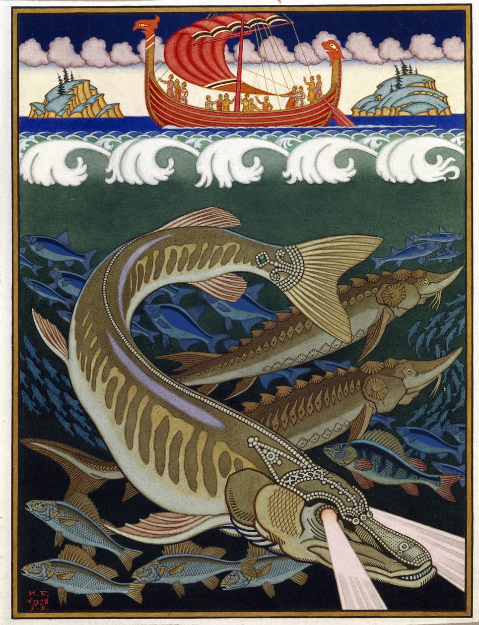 Mořská říše (Sea Empire). Ruská tradiční pohádka. Dílo Ivana Jakovleviče Bilibina (Bilibin) (1876-1942), akvarel a kvaš na papíře od Ivan Yakovlevich Bilibin