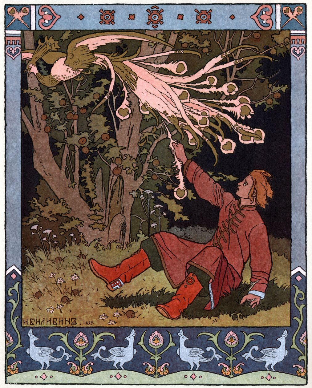 Carevič Ivan, ohnivý pták a šedý vlk, kolem roku 1899 (litografie) od Ivan Yakovlevich Bilibin