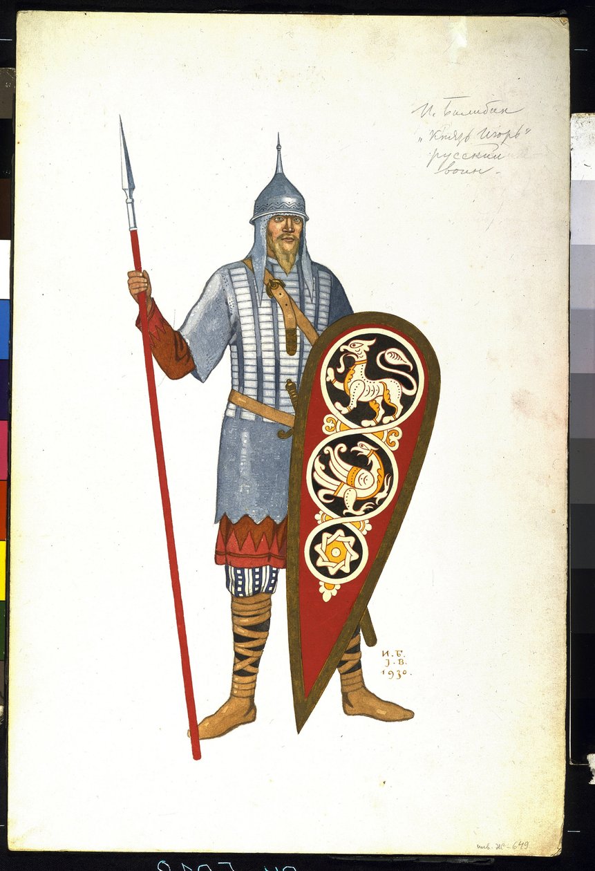 Ruský válečník ve 12. století. Kostým pro operu ""Princ Igor"" Alexandra Borodina (1833-1887) (Ruský válečník. Návrh kostýmu pro operu Kníže Igor od A. Borodina). Obraz Ivana Jakoleviče Bilibina (Bilibin) (1876-1942) od Ivan Yakovlevich Bilibin