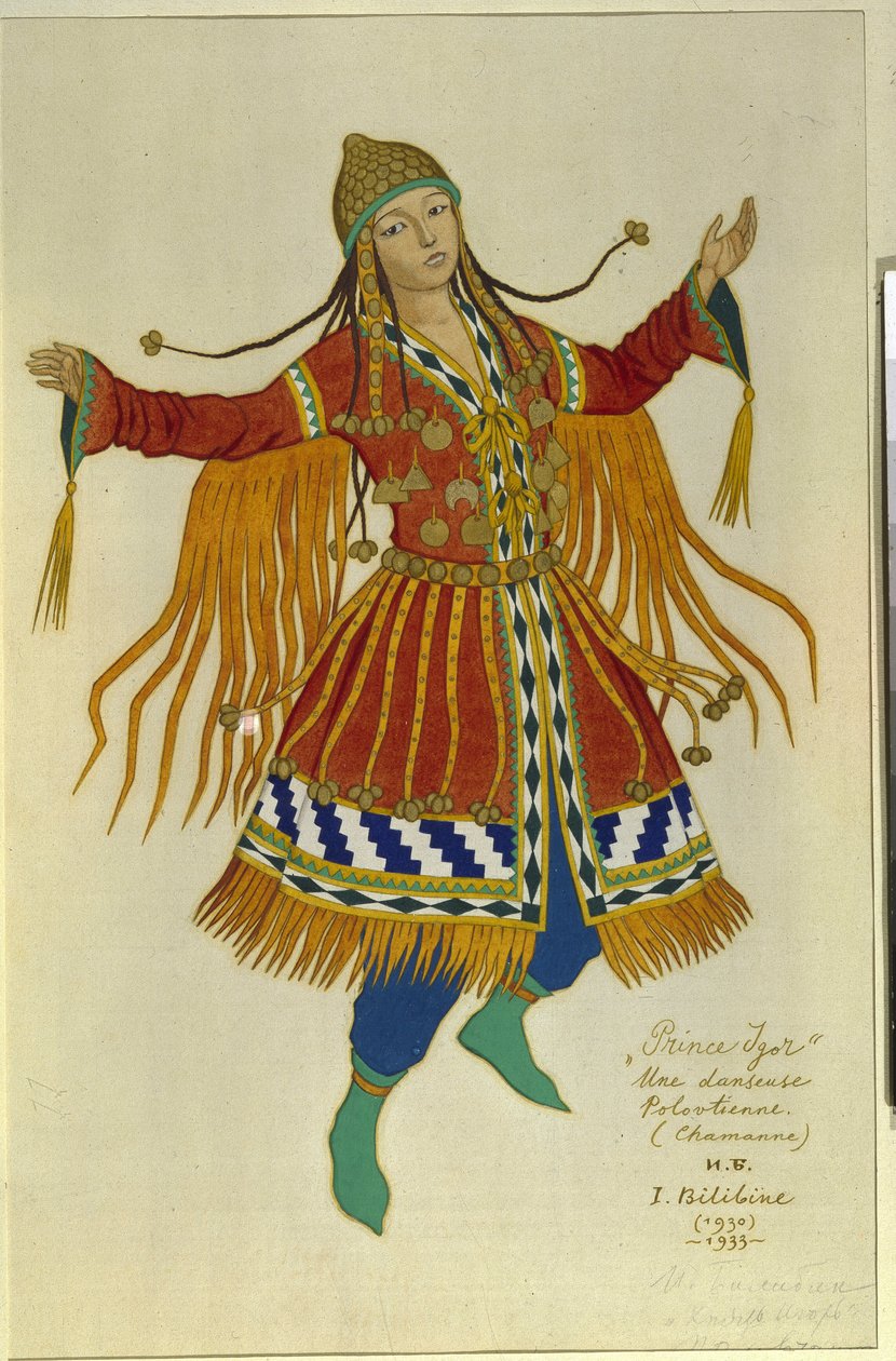 Polovtsian (nebo Couman, Kuman) šamanský tanečník. Kostým pro operu ""Princ Igor"" od Alexandra Borodina (Borodin) (1833-1887). Dílo Ivana Jakovleviče Bilibina (Bilibin) (1876-1942), akvarel na papíře od Ivan Yakovlevich Bilibin