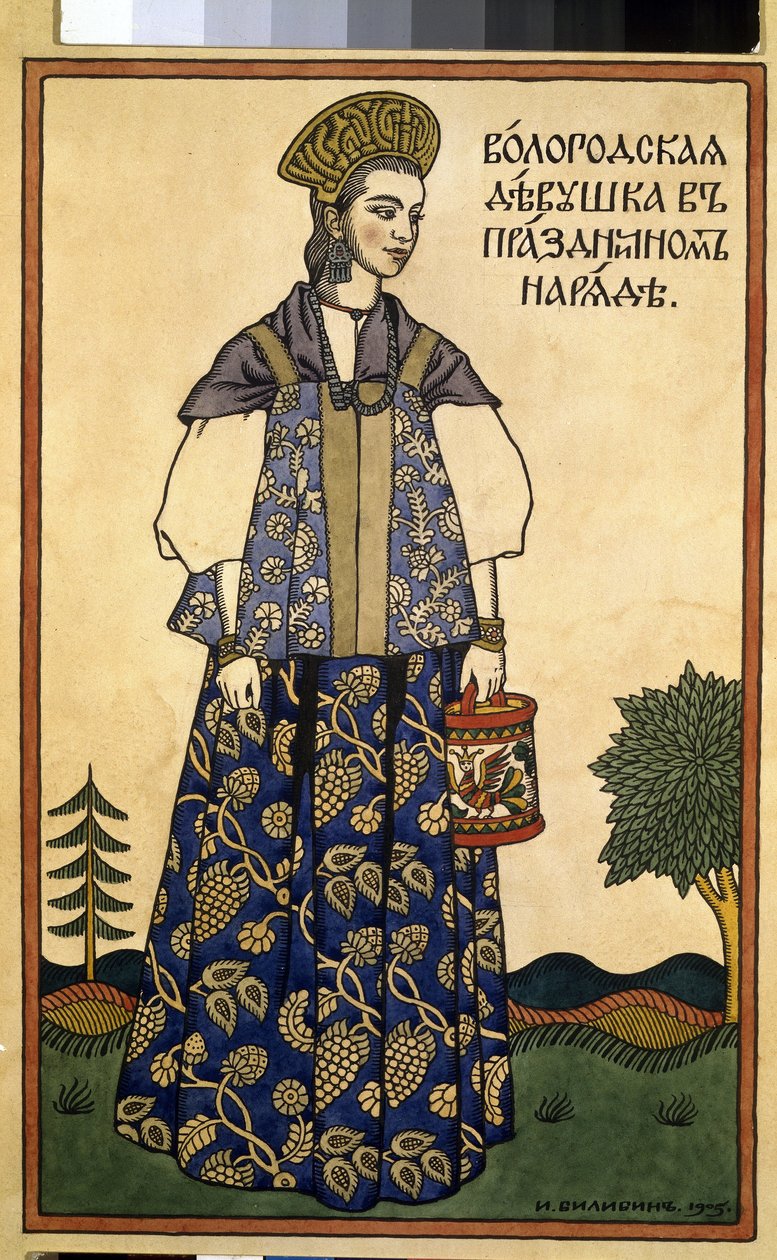 Mladá dáma z Vologdy ve slavnostních šatech. (Dívka z Volody ve svátečních šatech). Na sobě Kokochnik, vysoká pokrývka hlavy a sarafánové rovné šaty bez rukávů z oblasti severně od Moskvy. Dílo Ivana Jakovleviče Bilibina (Bilibina) (1876-1942), protože od Ivan Yakovlevich Bilibin