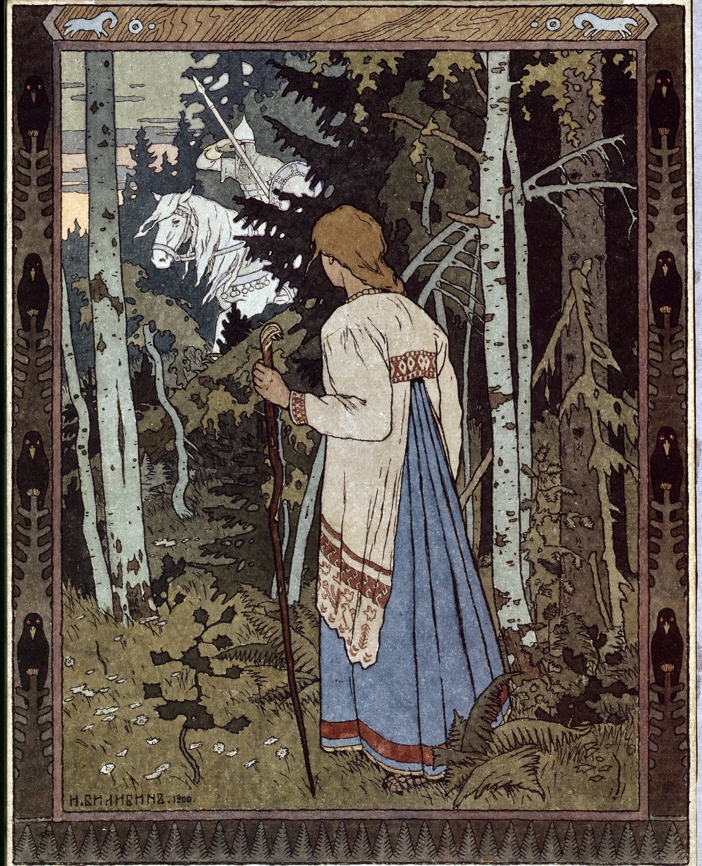 Vassilissa nejkrásnější a bílý jezdec. (Vasilisa Krásná a Bílý jezdec). (Tradiční ruská pohádka). Dílo Ivana Jakovleviče Bilibina (Bilibin) (1876-1942), litografie od Ivan Yakovlevich Bilibin
