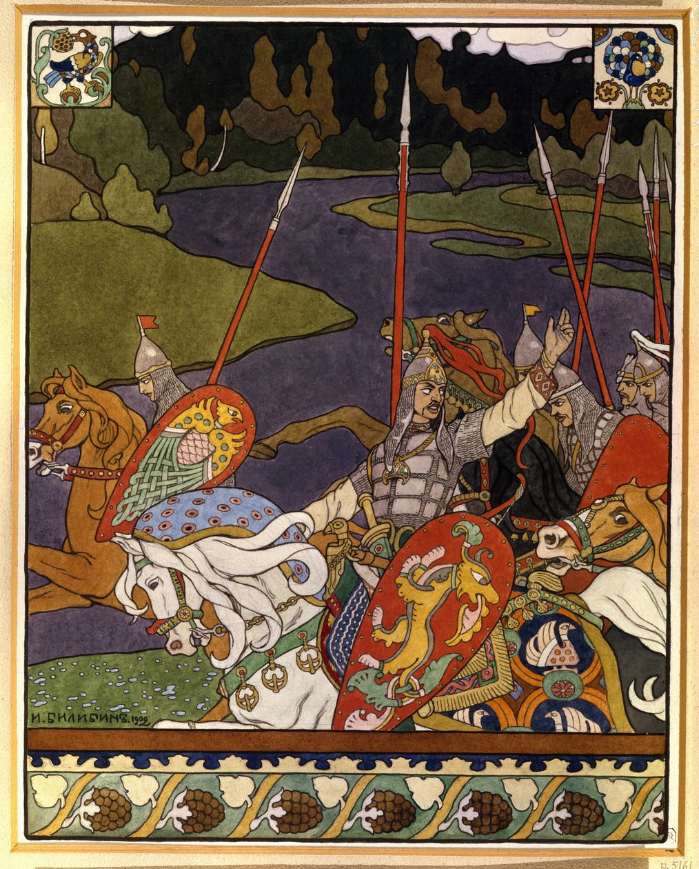 Volga Svyatoslavich a jeho armáda. (Volga Svyatoslavich a jeho armáda). Ilustrace k mýtickým eposům inspirovaným severoruským folklórem. Dílo Ivana Jakovleviče Bilibina (Bilibin) (1876-1942), litografie od Ivan Yakovlevich Bilibin