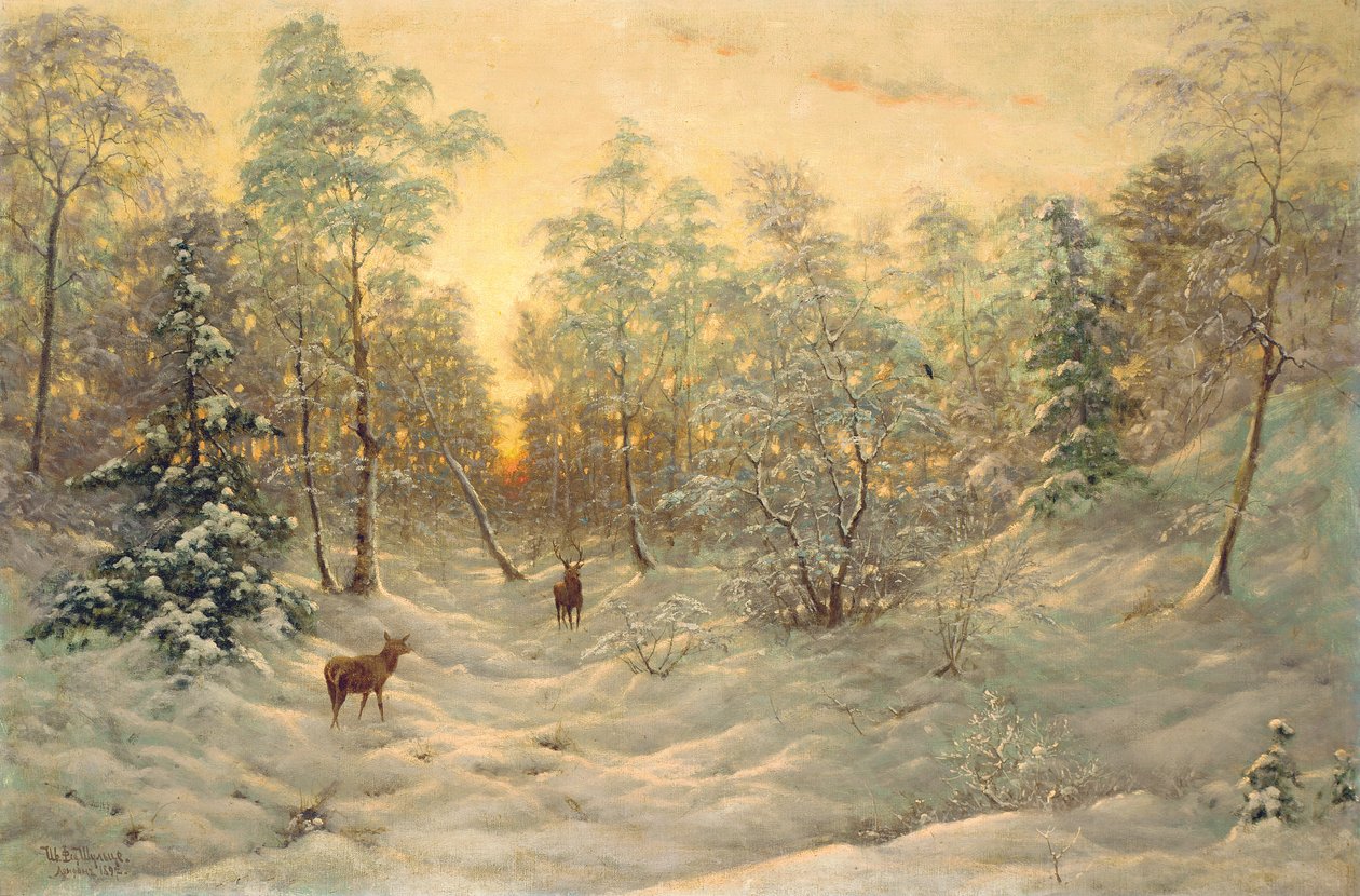 Jelen v zasněžené krajině za soumraku od Ivan Fedorovich Choultse
