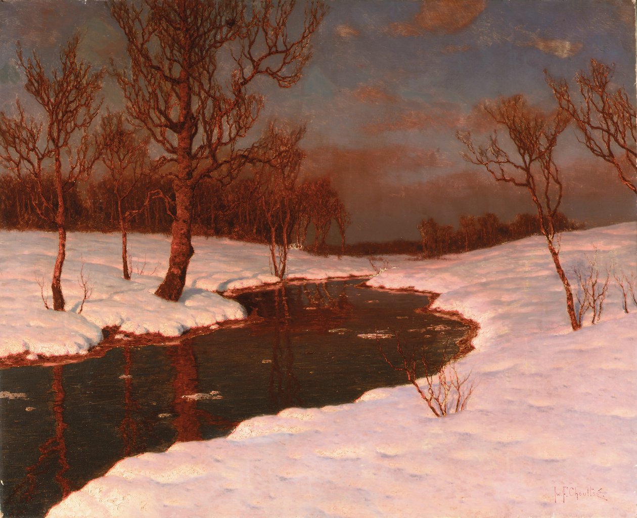 Západ slunce na zasněžené říční krajině od Ivan Fedorovich Choultse
