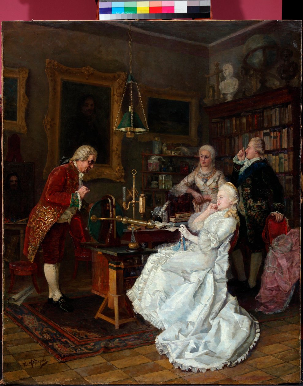 Ruská carevna Kateřina II (1729-1796) na návštěvě u Michaila Lomonosova (1711-1765) (Císařovna Kateřina na návštěvě u M. Lomonosova) Obraz Ivana Fiodorova (Feodorova) (1853-1894) od Ivan Feodorov
