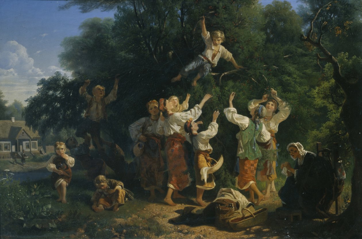 Sklizeň třešní v ovocné zahradě vlastníků půdy na Ukrajině, 1858 od Ivan Ivanovich Sokolov