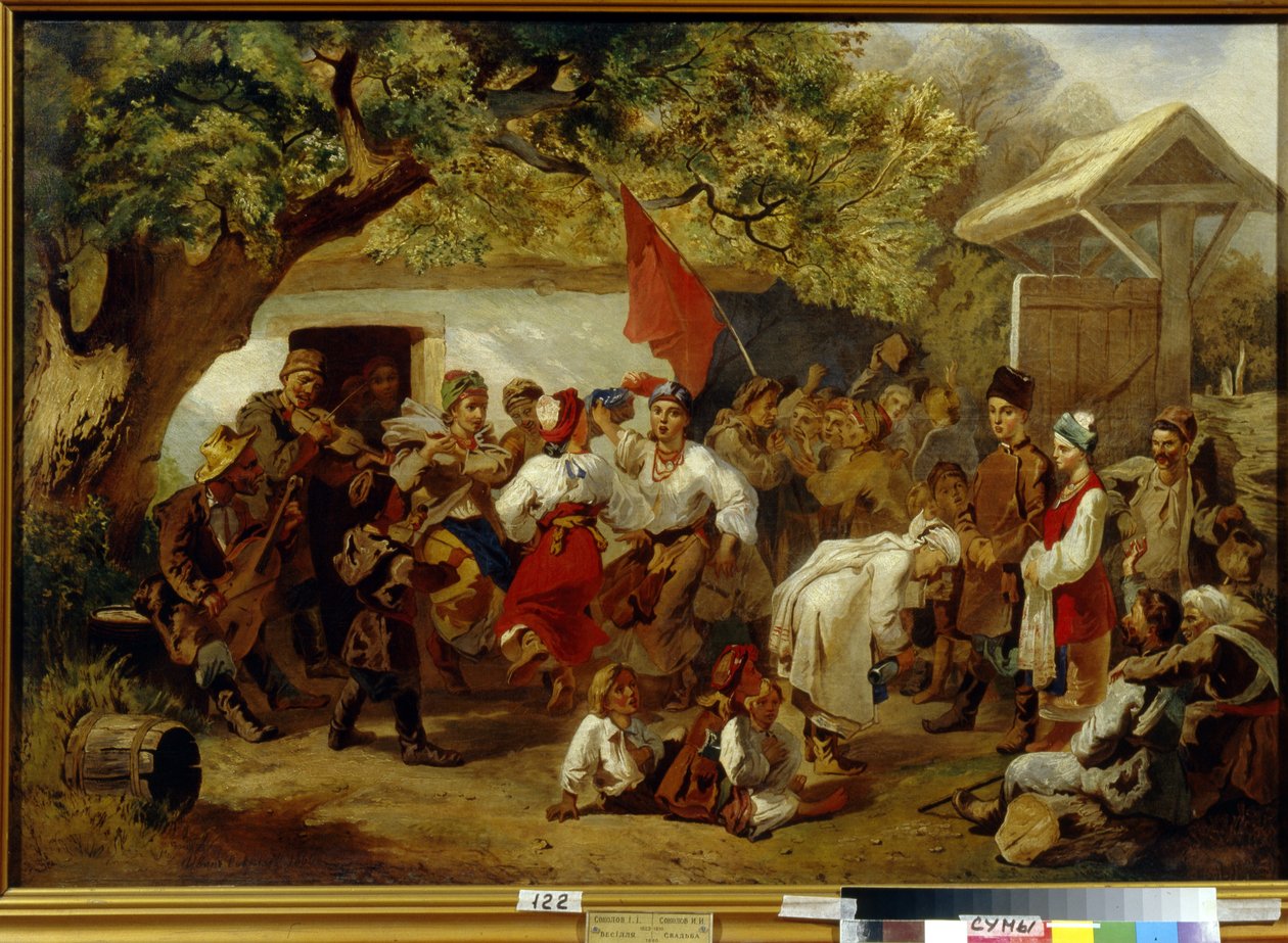 Svatební jídlo. (Svatební festival). Obraz Ivana Ivanoviče Sokolova (1823-1918), olej na plátně od Ivan Ivanovich Sokolov