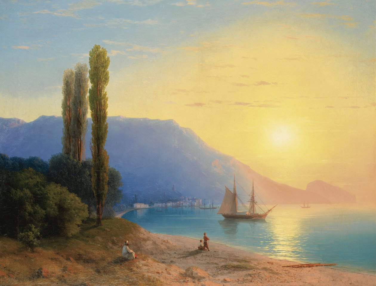 ""Západ slunce nad Jaltou na Krymu"" (Západ slunce nad Jaltou) Malba Ivana Constantinoviče Aivazowského (Aivazovský 1817-1900) 1861 - Olej na plátně Rozměr 67x89 cm Soukromá sbírka od Ivan Konstantinovich Aivazovsky