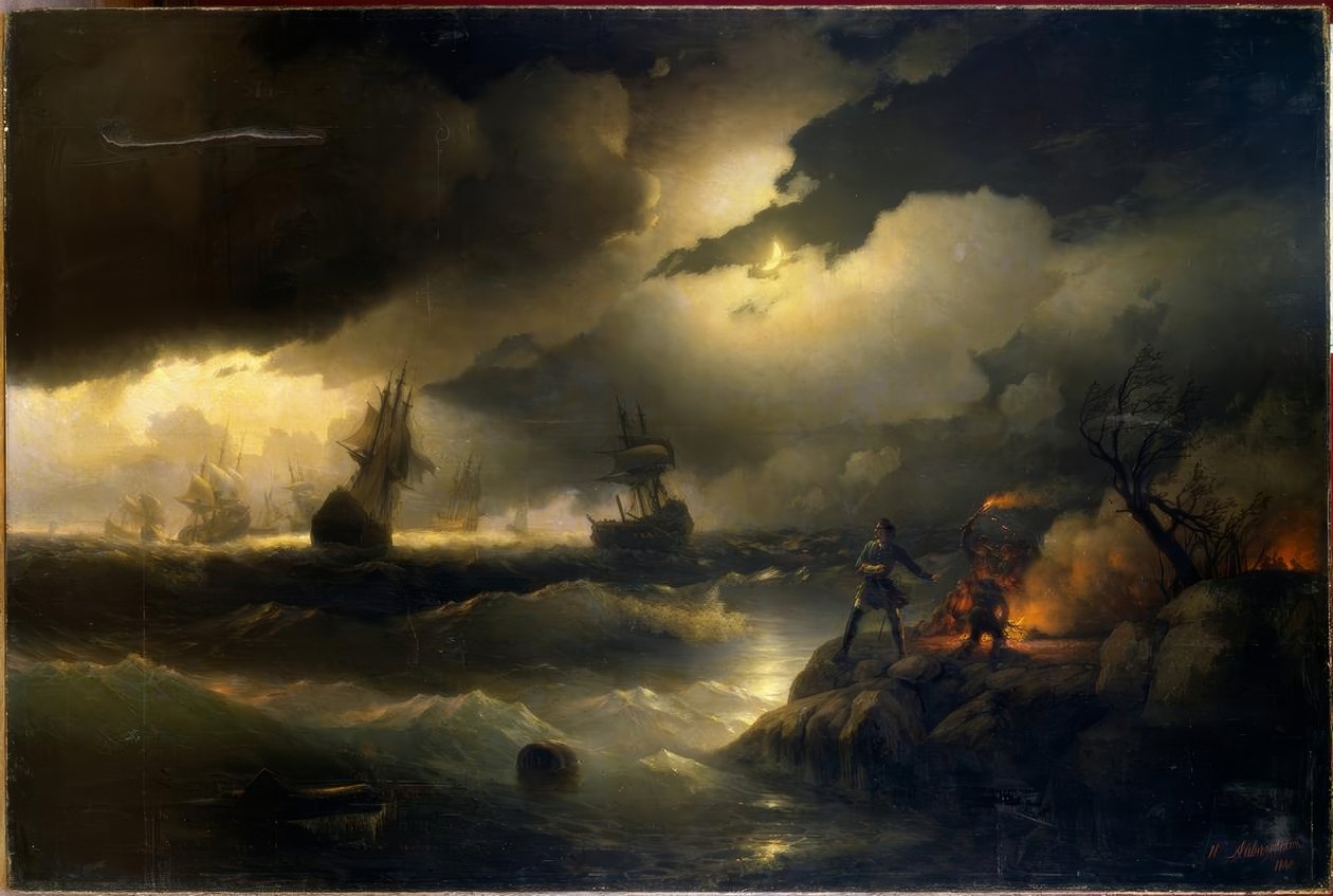 Petr Veliký rozsvítí maják pro Krasnoi Gorka od Ivan Konstantinovich Aivazovsky