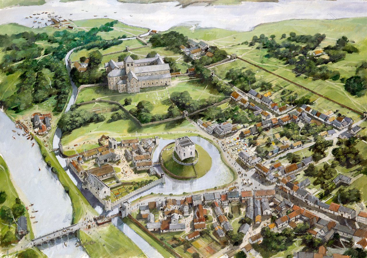 Letecký pohled na hrad Christchurch, přístav a převorství na konci 12. století od Ivan Lapper