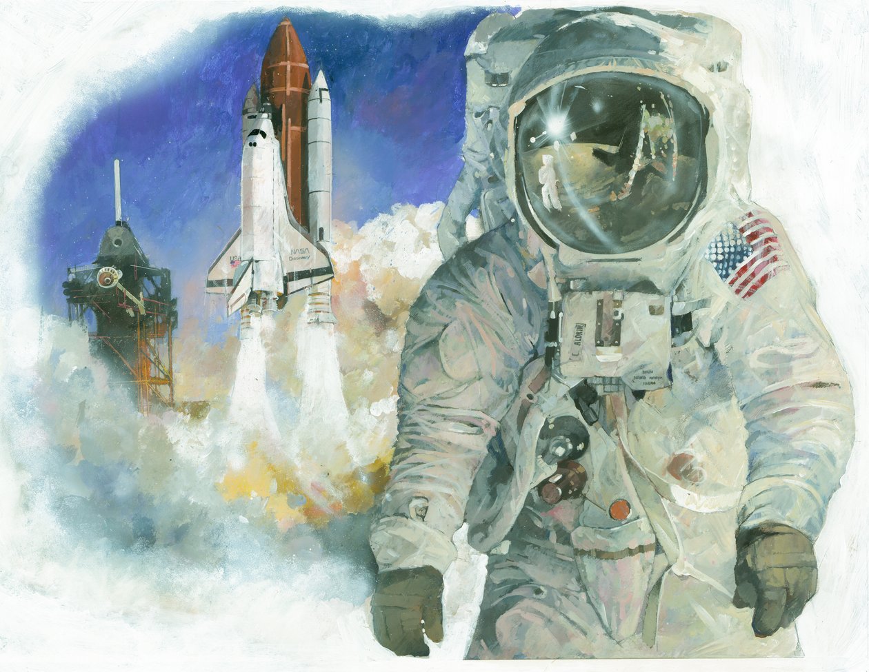 Americký astronaut Buzz Aldrin ve skafandru a raketoplán Discovery startující z Kennedyho vesmírného střediska od Ivan Lapper
