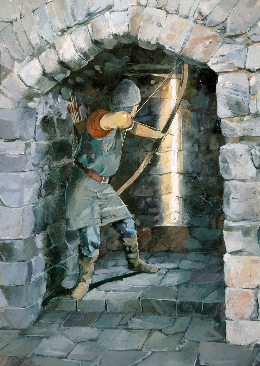 Středověký lukostřelec střílející skrz štěrbinu šípu na hrad Beeston, Cheshire od Ivan Lapper