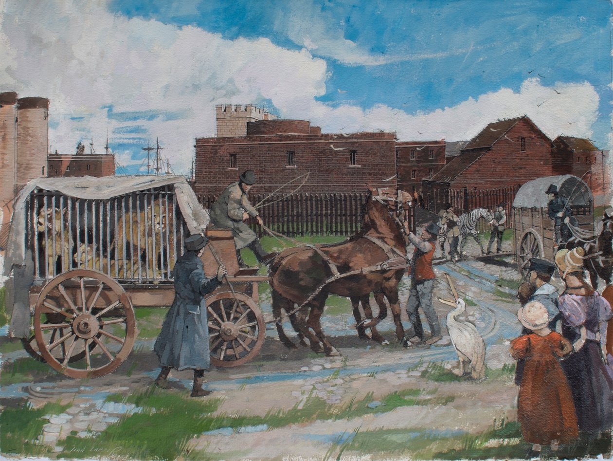 Rekonstruovaný pohled na zvířata z královského zvěřince opouštějícího londýnský Tower kolem roku 1841 od Ivan Lapper
