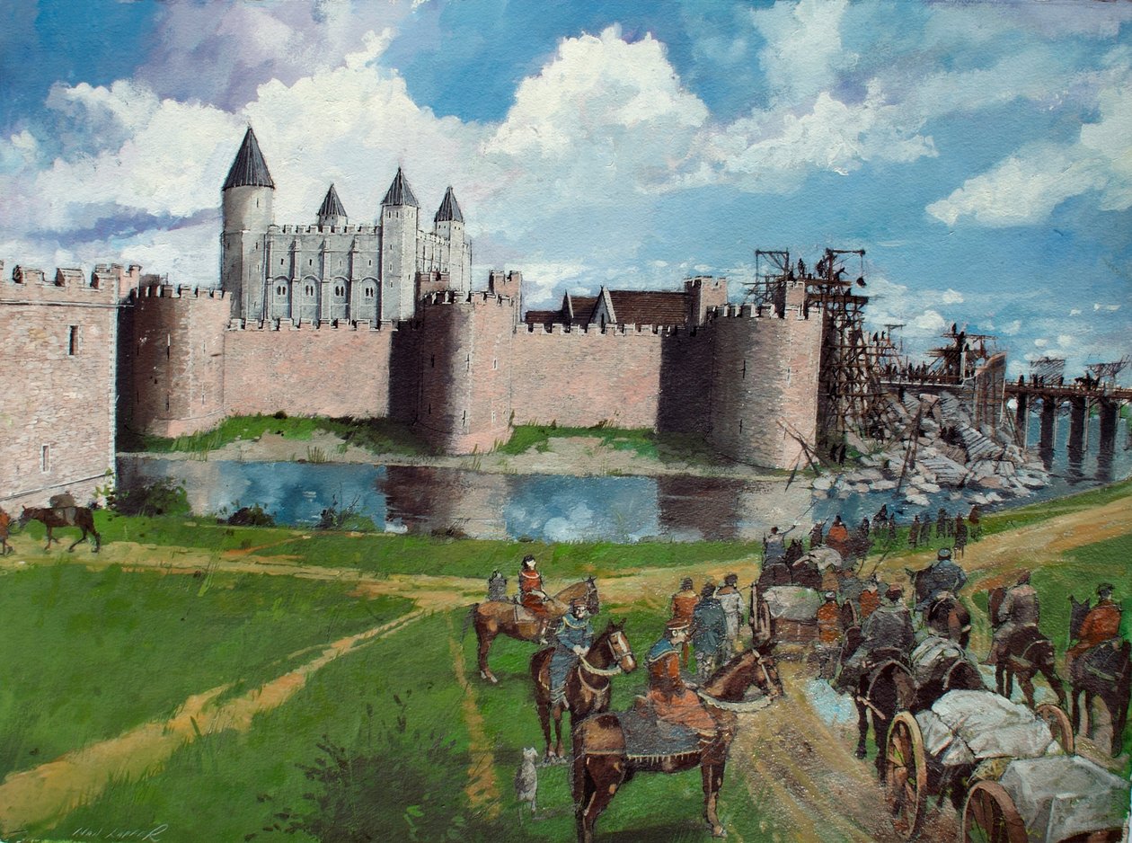 Rekonstruovaný pohled na londýnský Tower od severozápadu, který ukazuje zřícenou bránu krále Jindřicha III. v roce 1300. od Ivan Lapper