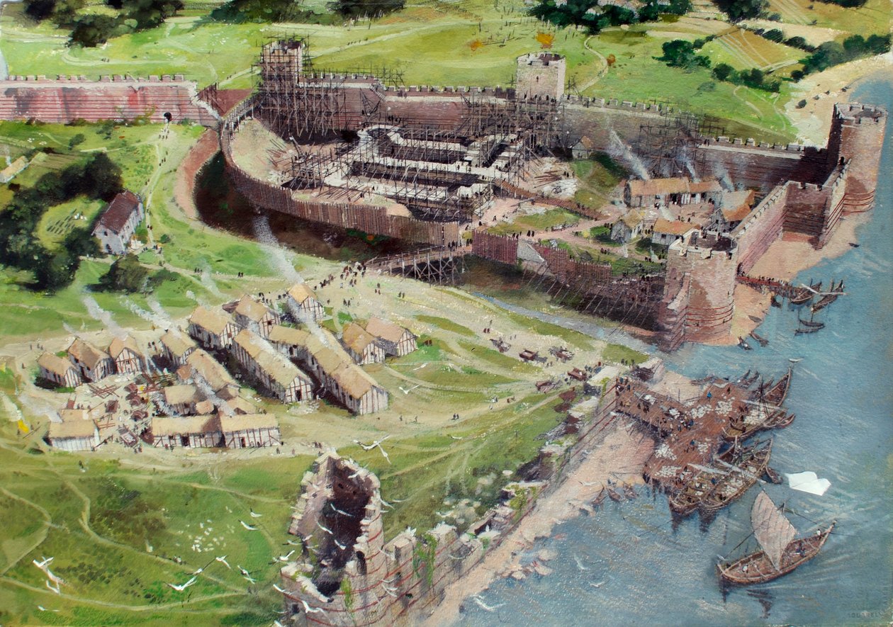 Rekonstruovaný pohled na londýnský Tower od jihozápadu, jak mohl vypadat v 70. letech 10. století nebo v roce 1080, kdy byl Bílý Tower v rané fázi výstavby. od Ivan Lapper