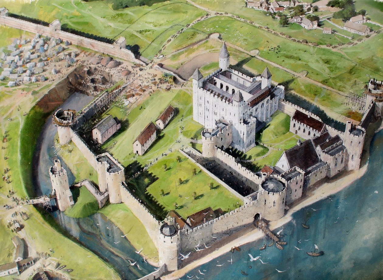 Rekonstruovaný pohled na londýnský Tower od jihozápadu kolem roku 1240 od Ivan Lapper