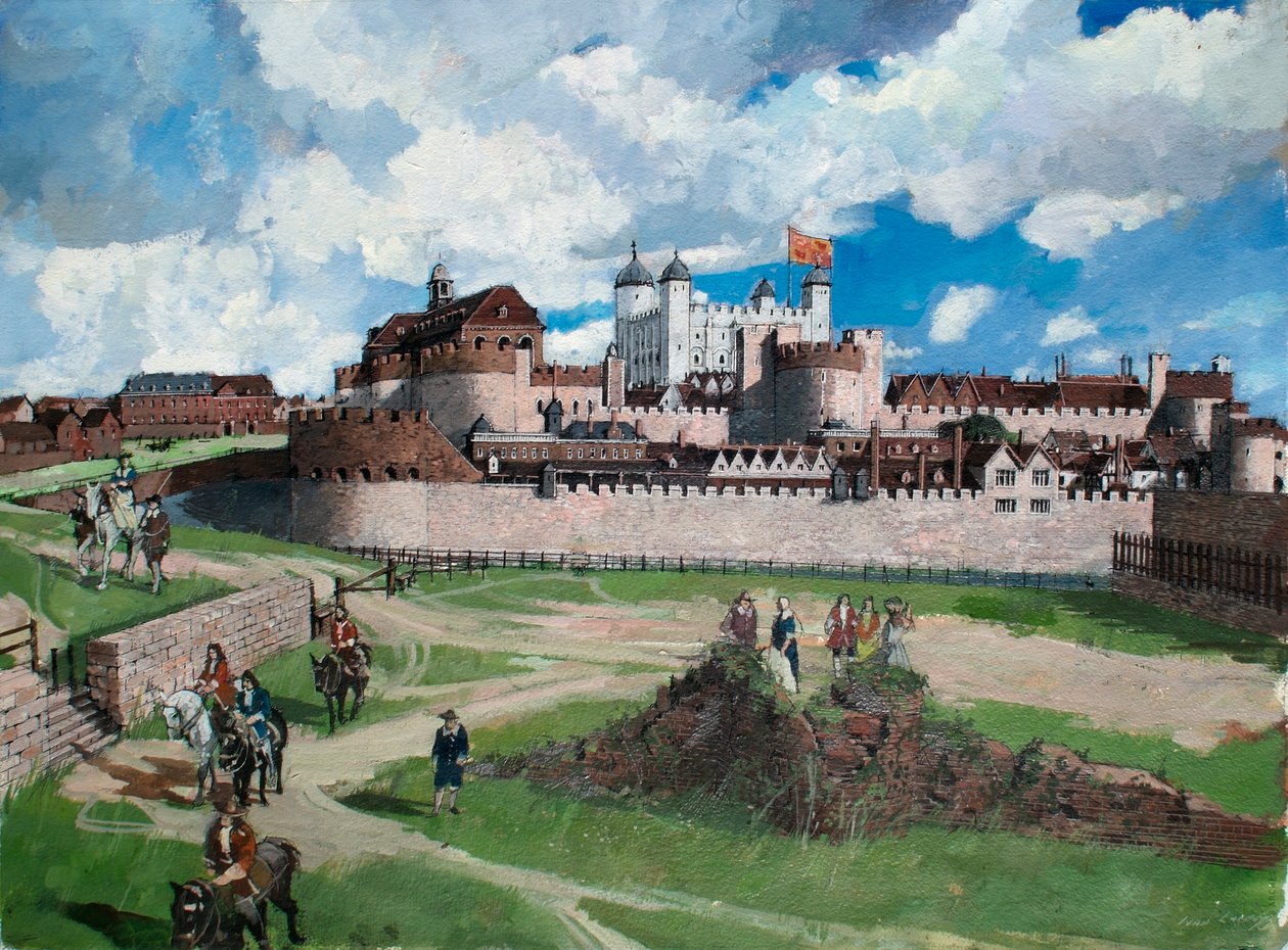 Rekonstruovaný pohled na londýnský Tower od západu kolem roku 1700 od Ivan Lapper