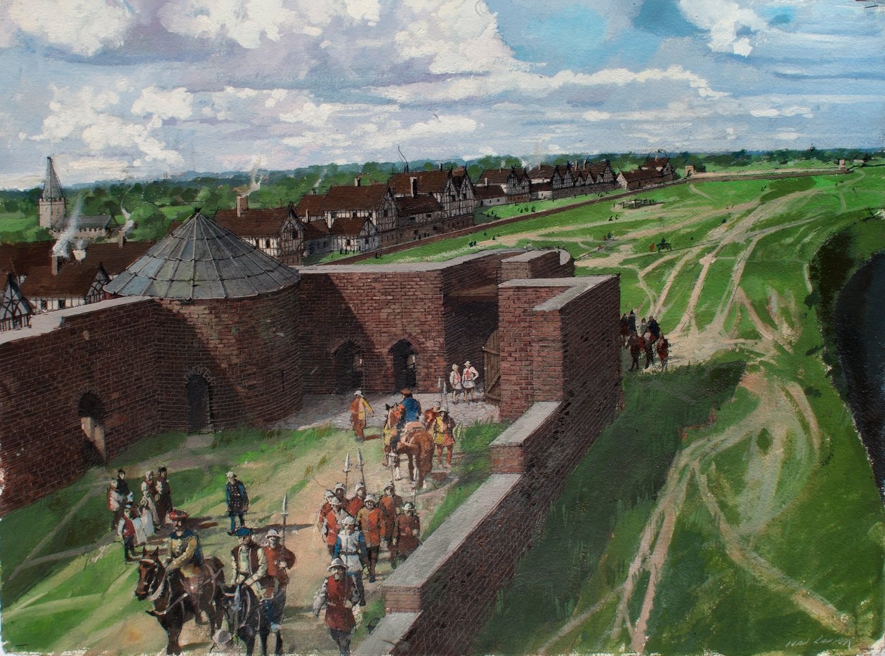 Rekonstruovaný pohled na londýnský Tower, na kterém je vidět vchod do Byward Tower a Lví věž ve 40. letech 15. století. od Ivan Lapper