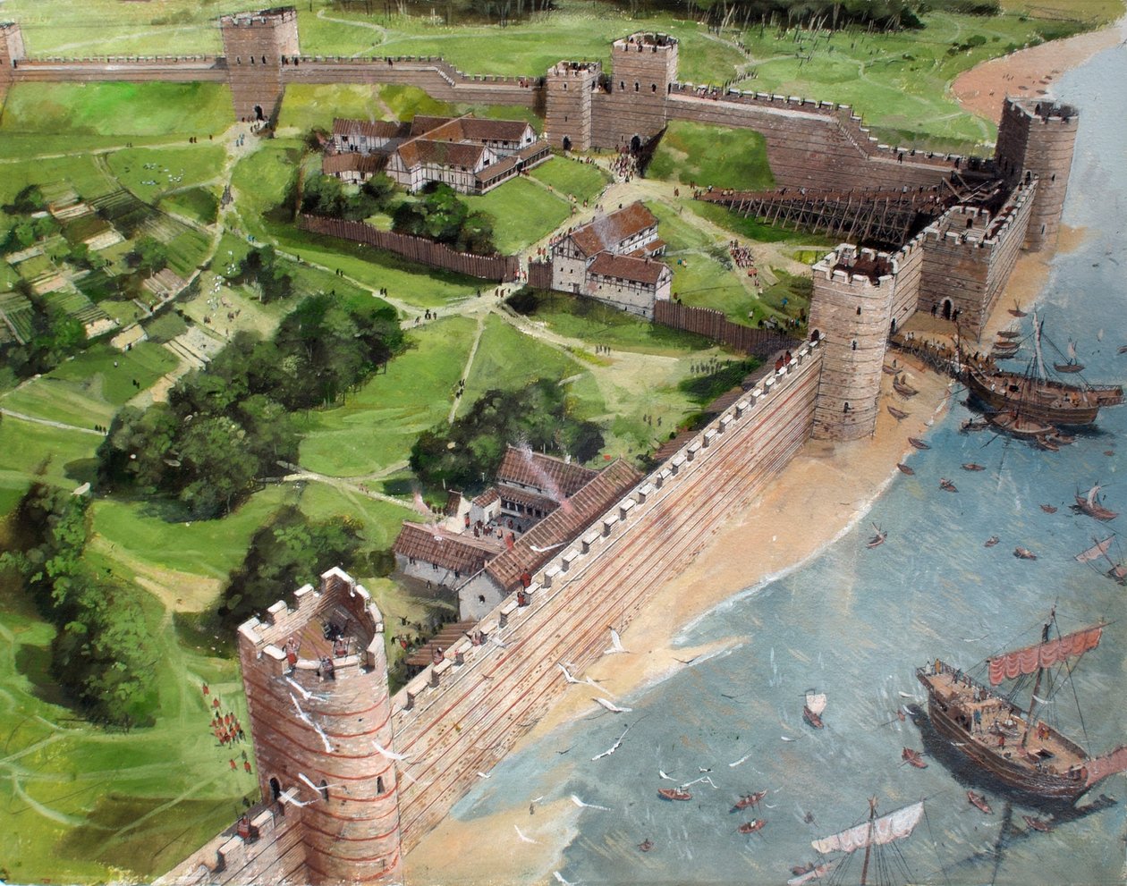 Rekonstruovaný pohled na jihovýchodní roh římského Londýna a budoucí místo londýnského Toweru, jak mohl vypadat kolem roku 400 n. l. od Ivan Lapper