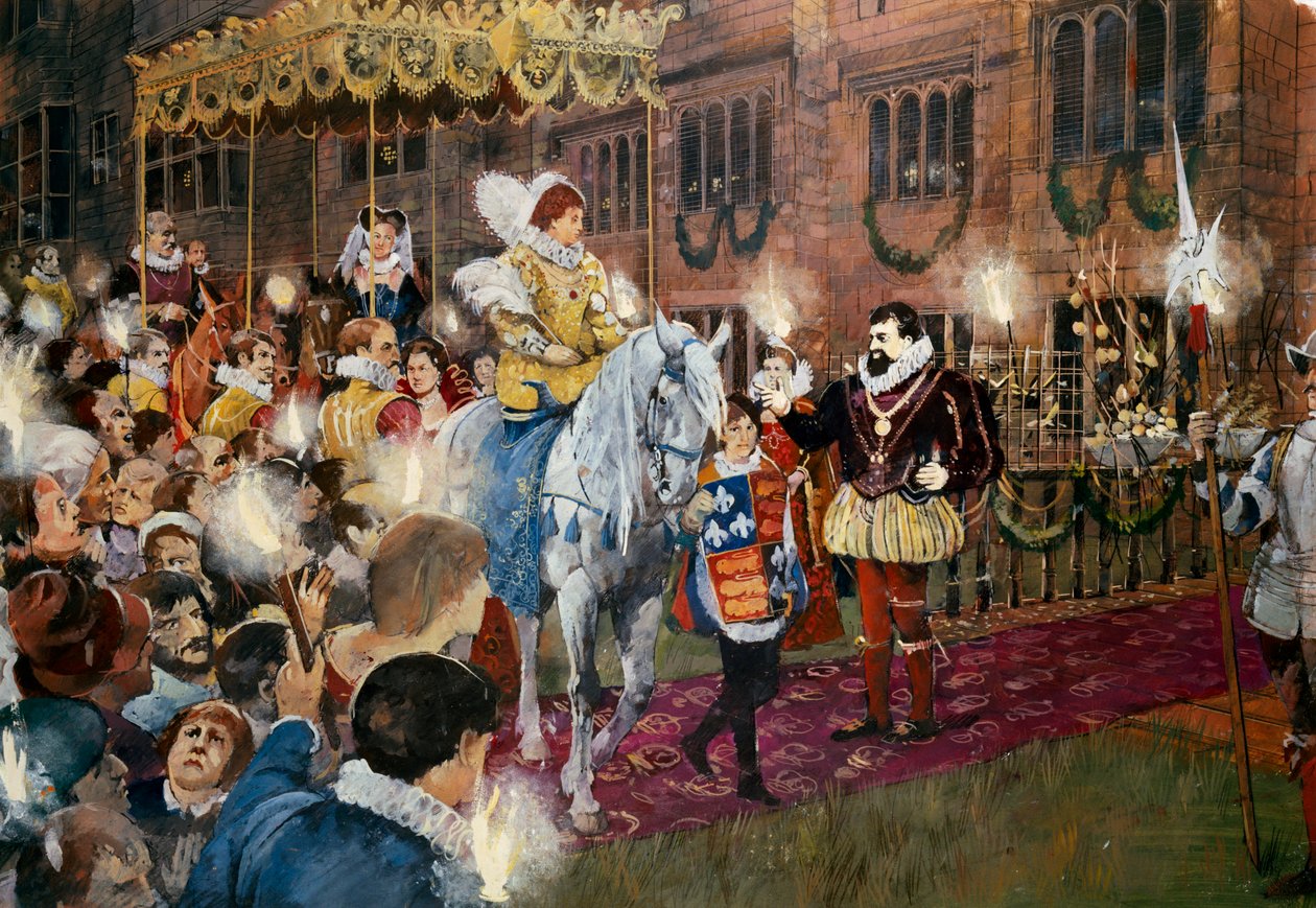 Robert Dudley vítá královnu Alžbětu I. na hradě Kenilworth, Warwickshire, červenec 1575 c2000 od Ivan Lapper