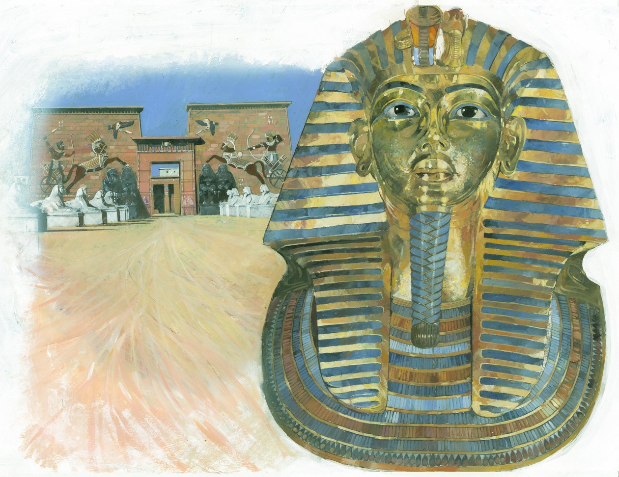 Zlatá maska mumie egyptského faraona Tutanchamona se staroegyptským chrámovým komplexem v pozadí. od Ivan Lapper