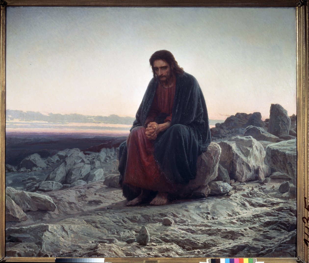 Kristus na poušti (Kristus na poušti). Kristus, sedící na skále, ruce sepjaté v postoji meditativní kontemplace. Obraz Ivan Nikolajevič Kramskoj (1837-1887), olej na plátně od Ivan Nikolaevich Kramskoy