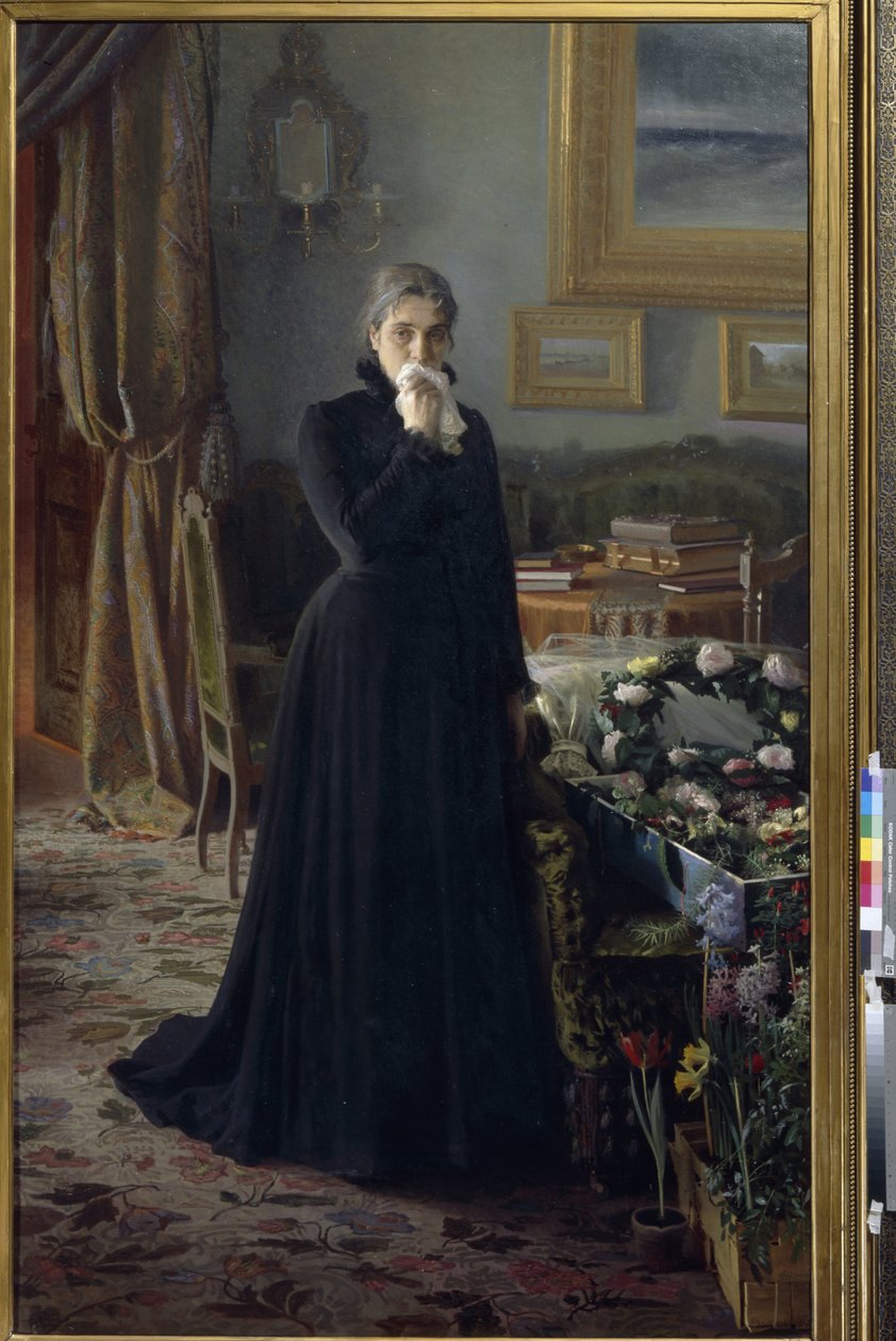 Bezútěšný smutek (žena ve smutku, stojící u rakve pokryté věnci z květin)(Neutišitelný smutek) - Obraz Ivana Nikolajeviče Kramskoje (1837-1887), olej na plátně (228x141 cm) od Ivan Nikolaevich Kramskoy
