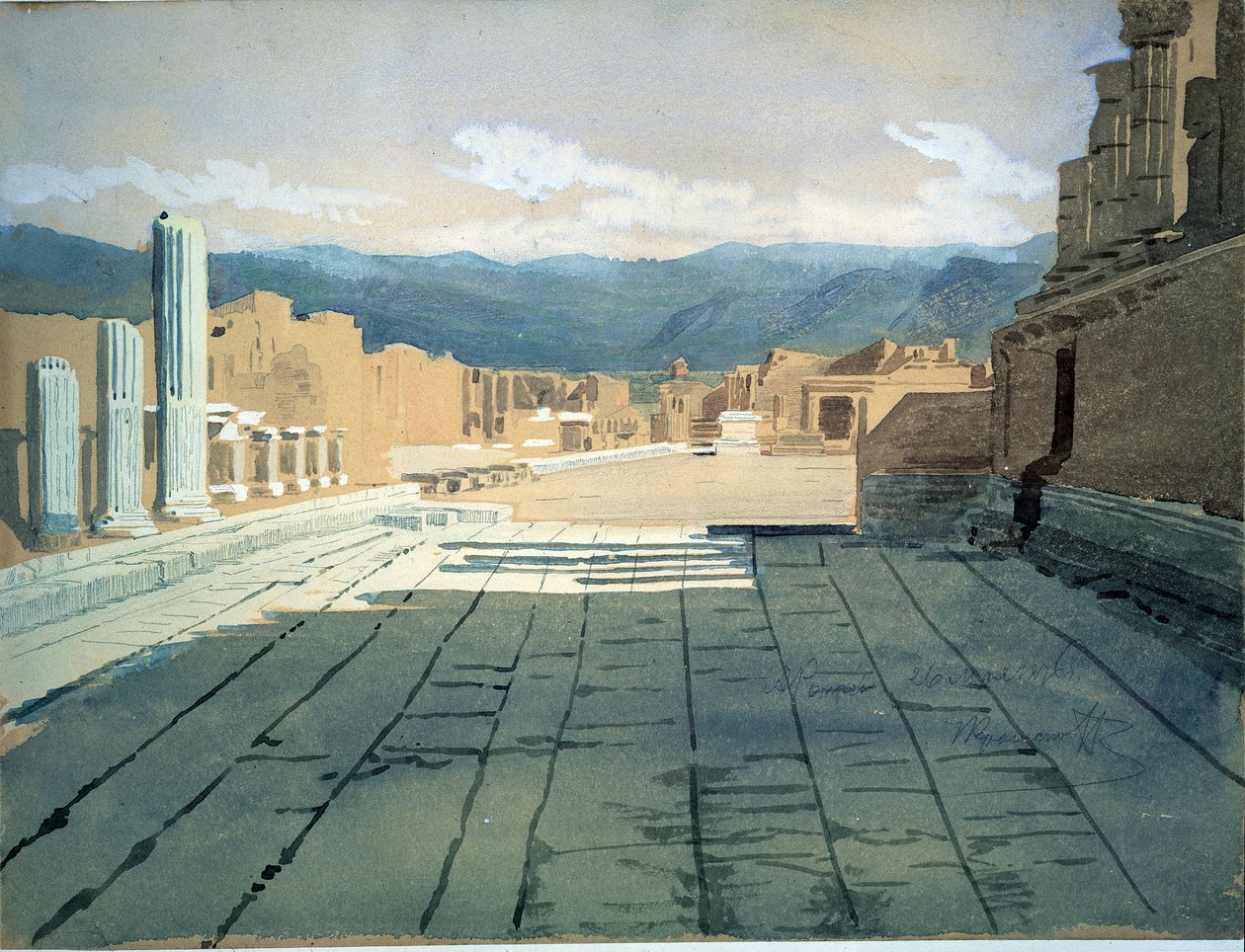 Pompeje (Itálie) (Pompeje). Pohledy na fórum římských ruin v Neapolském zálivu před sopkou Vesuv. Dílo Ivana Nikolajeviče Kramského (1837-1887), akvarel na papíře od Ivan Nikolaevich Kramskoy
