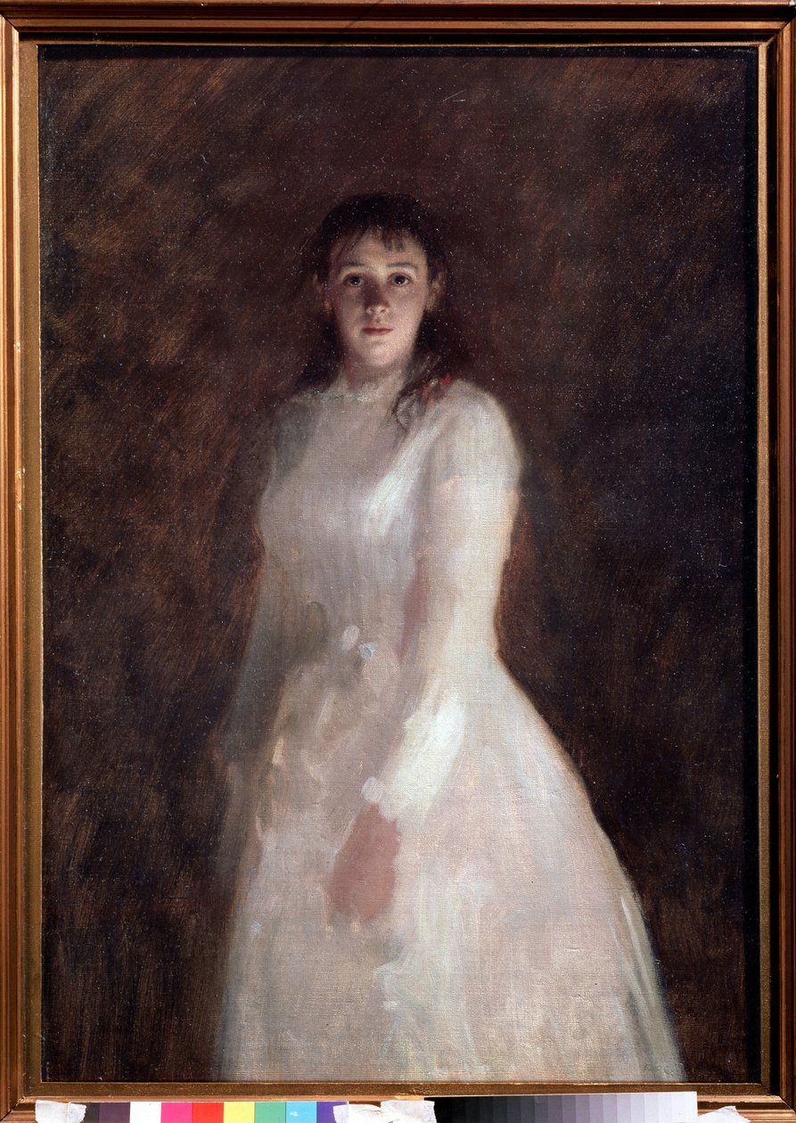 Portrét mladé dámy (Portrét mladé dámy). (oblečený v dlouhých bílých šatech). Obraz Ivana Nikolajeviče Kramského (1837-1887), olej na plátně. ruské umění od Ivan Nikolaevich Kramskoy