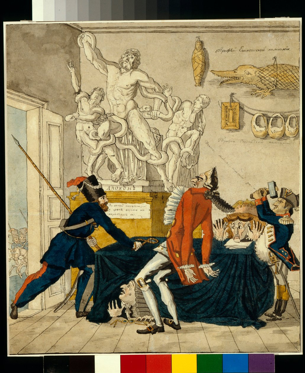 Napoleon Bonaparte (1769-1821) prodává kradené zboží, mezi nimi skupina Laocoön - Karikatura Ivana Ivanoviče Terebeneva (1780-1815), inkoust a akvarel na papíře od Ivan Nikolayevich Terebenev