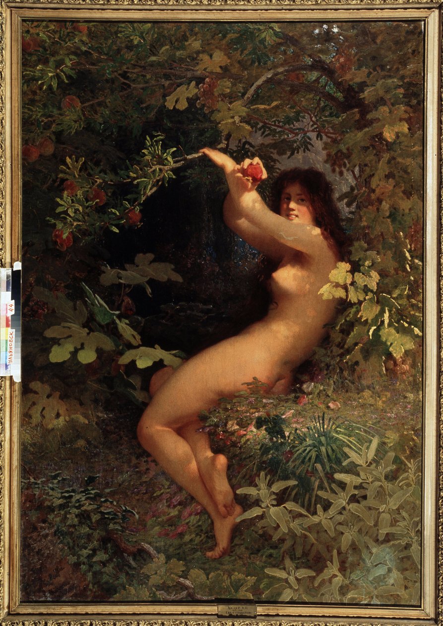 Eva s granátovým jablkem (Eve with Pomegranate). Nahá a svůdná Eva v rajské zahradě sbírá ovoce poznání. Obraz Ivan Petrovič Keler Viliandi (1826-1899), olej na plátně od Ivan Petrovich Keler Viliandi