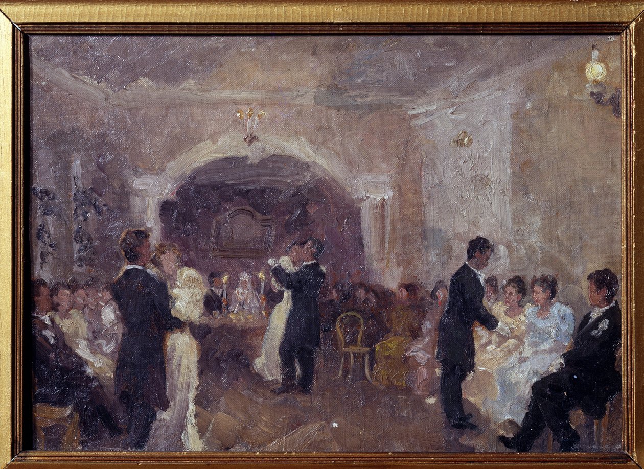 Kupecký ples. Páry tančí, mladé dívky v bílém sedí a čekají na pozvání k tanci. Obraz Ivana Semjonoviče Kulikova (Koulikova) (1875-1941), olej na plátně od Ivan Semyonovich Kulikov