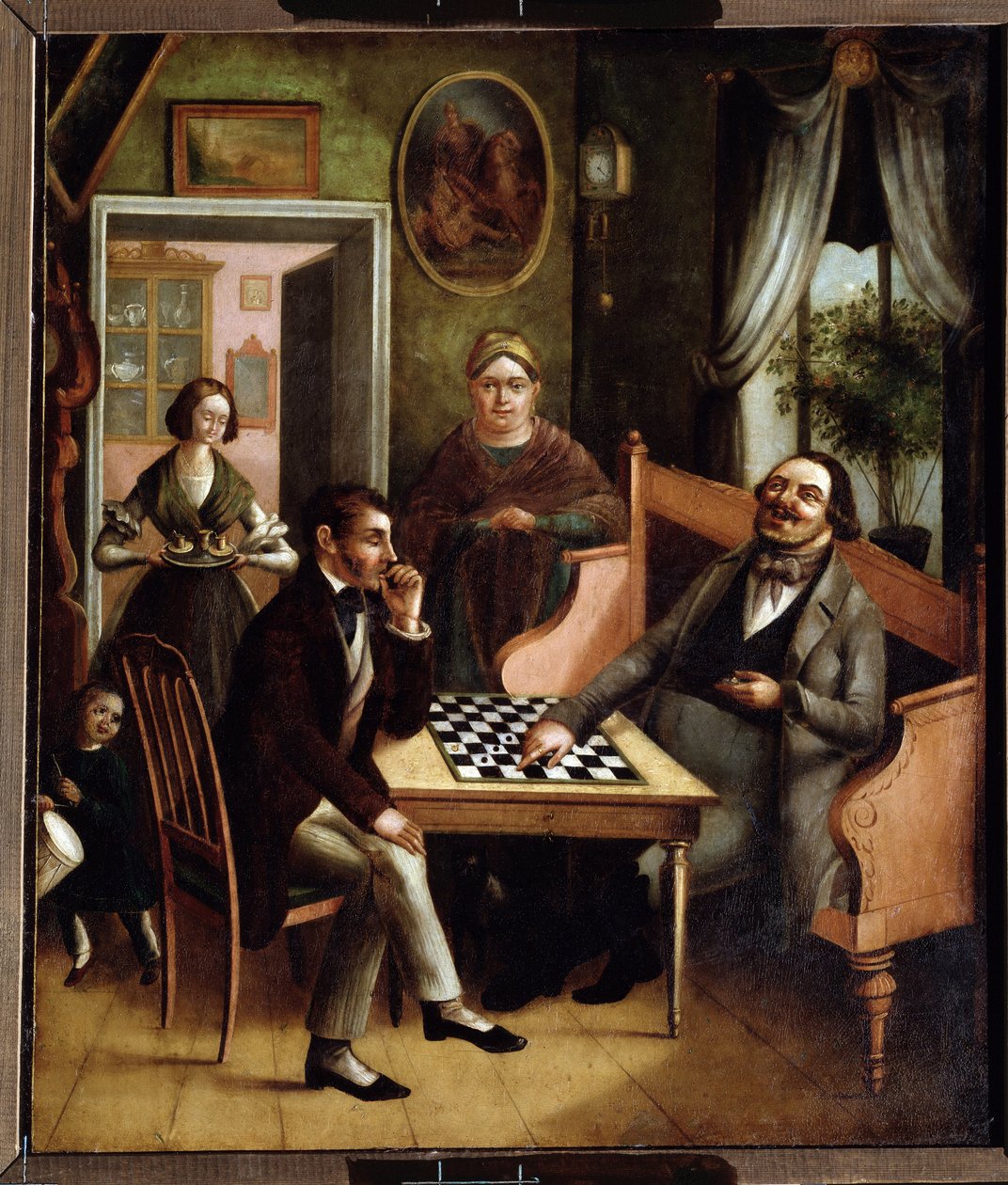 ""Hráči dáma"" Skupina ruských buržoazních v interiéru. Obraz Ivana Stěpanoviče Doščennikova (1812-1893) 1840-1850 Státní umělecká galerie, Perm, Rusko od Ivan Stepanovich Doshchennikov