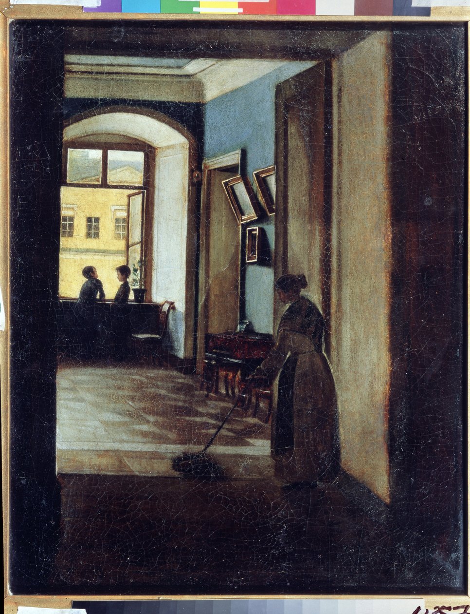 ""Pohled do interiéru"" Sluha míjí mop ve stínu chodby (školy?). Obraz Ivana Trofimoviče Durnova (1801-1847) Státní muzeum umění republiky Tatarstán, Kazaň od Ivan Trofimovich Durnov